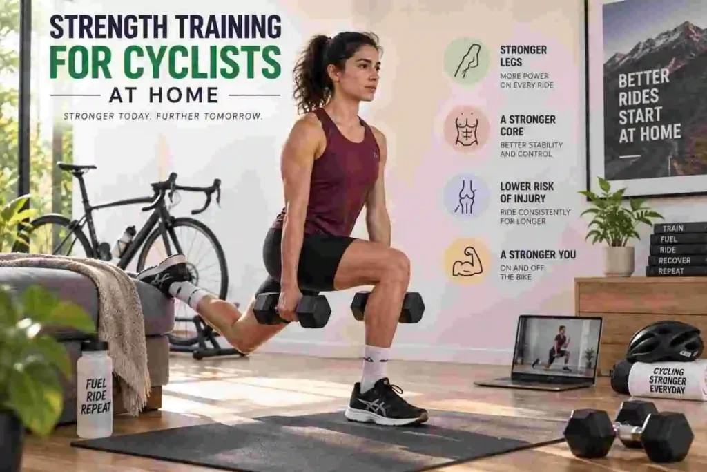 Woman performing dumbbell strength training at home for cycling fitness