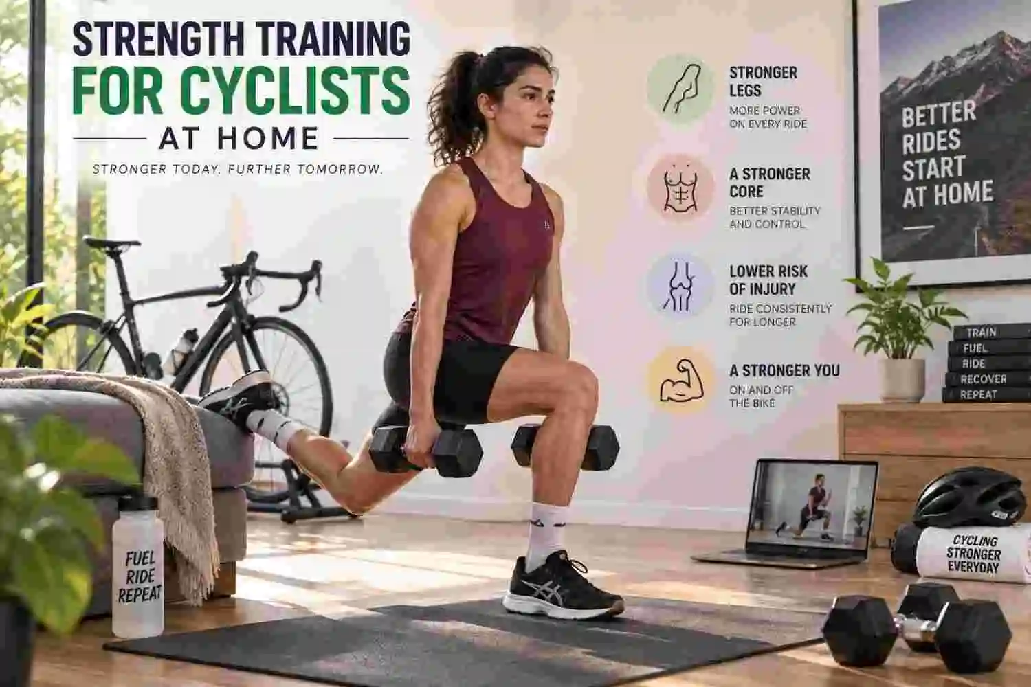 Woman performing dumbbell strength training at home for cycling fitness