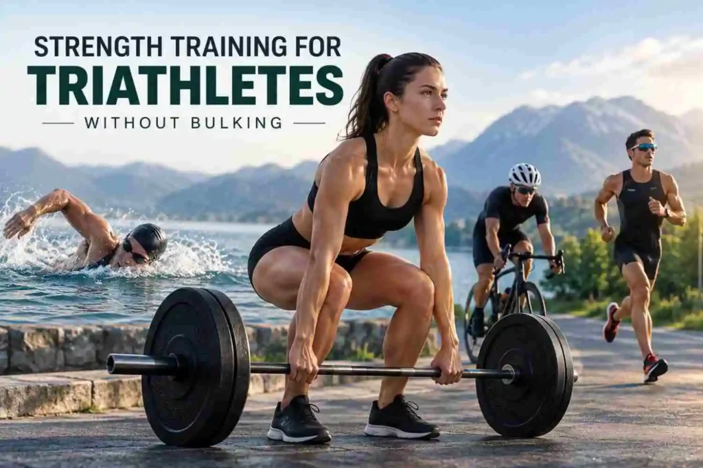 Strength training for triathletes without bulking with athlete performing barbell deadlifts