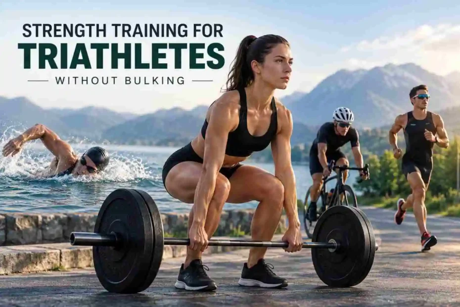 Strength training for triathletes without bulking with athlete performing barbell deadlifts