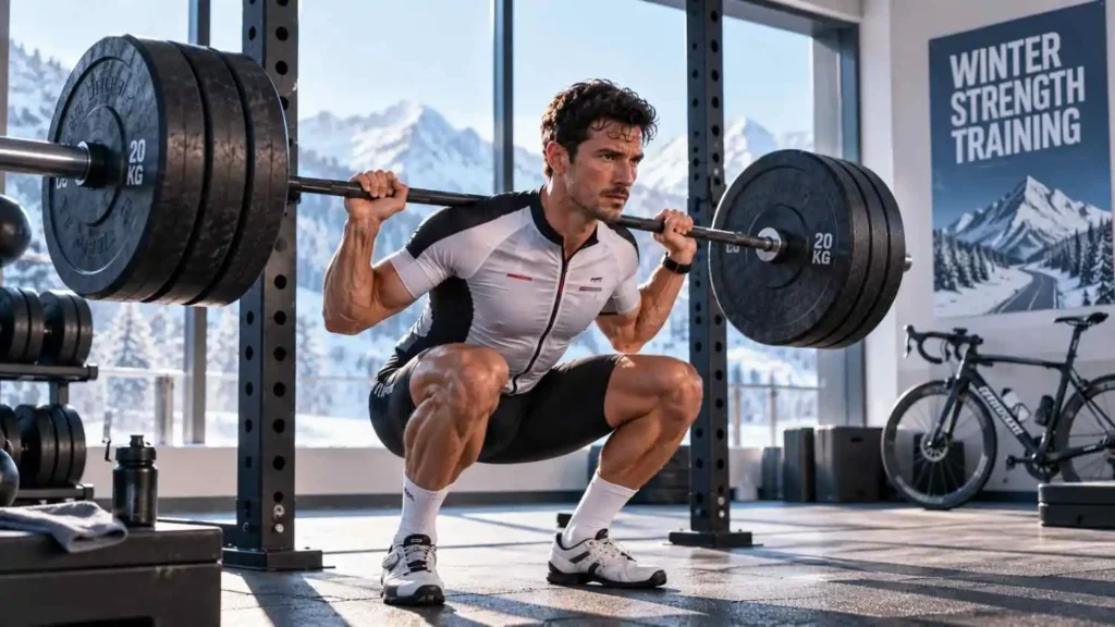 Winter Strength Training for Cyclists performing a barbell squat in the gym