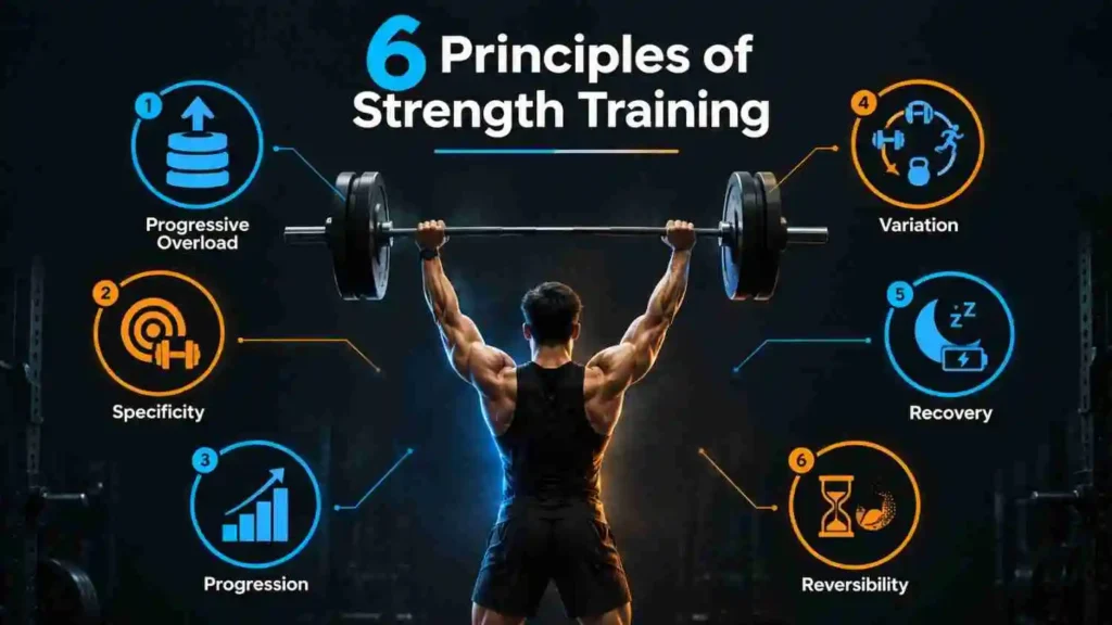 Six principles of strength training including progressive overload, specificity, progression, variation, recovery, and reversibility