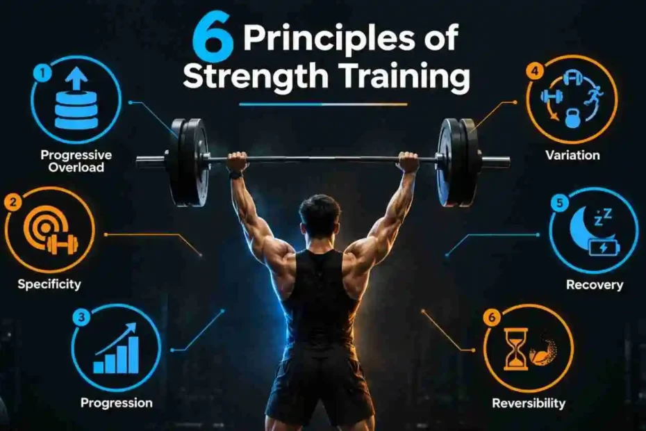 Six principles of strength training including progressive overload, specificity, progression, variation, recovery, and reversibility